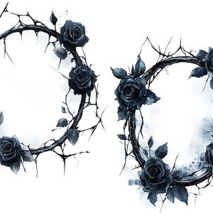May include: Two black rose wreaths with thorny stems. The wreaths are circular and have a rustic, gothic aesthetic.