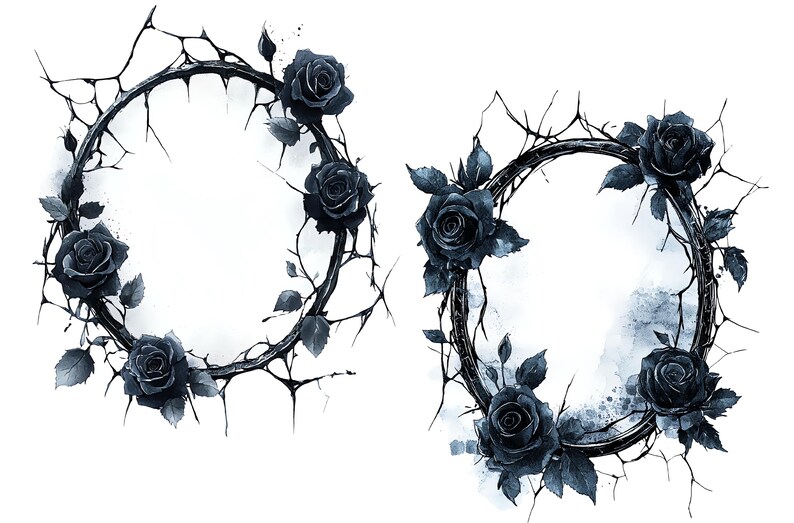 May include: Two black rose wreaths with thorny stems. The wreaths are circular and have a rustic, gothic aesthetic.