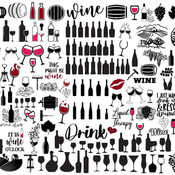 WINE SVG Bundle, Wine Clipart, Wine Vector, Wine Cut Files For Cricut, Wine Glass Svg, Wine Png, Alcohol Svg Bundle, Glass Svg