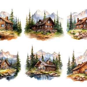 Peut inclure: Six aquarelles repr&eacute;sentant des cabanes en bois rustiques dans un d&eacute;cor de montagne. Chaque cabane a un design diff&eacute;rent et est entour&eacute;e d'arbres et de montagnes enneig&eacute;es.