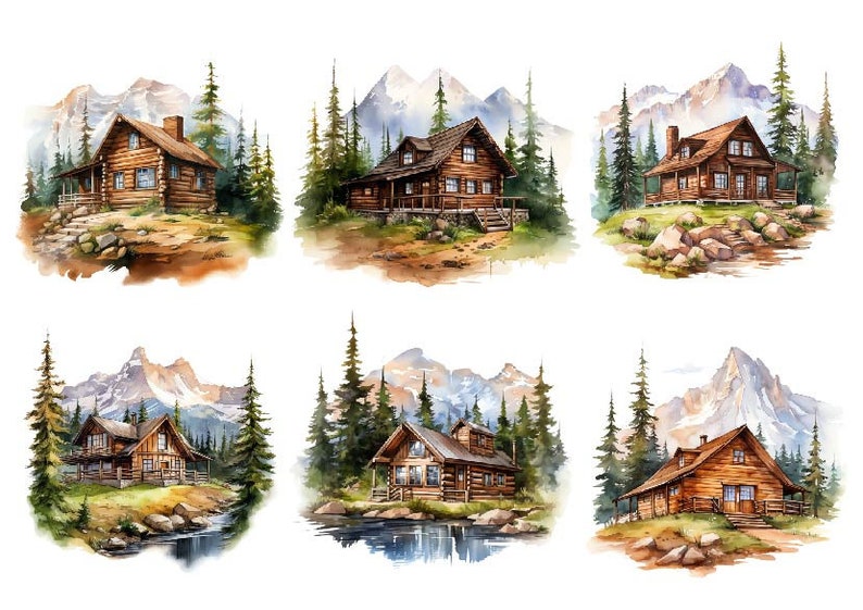 Peut inclure: Six aquarelles repr&eacute;sentant des cabanes en bois rustiques dans un d&eacute;cor de montagne. Chaque cabane a un design diff&eacute;rent et est entour&eacute;e d'arbres et de montagnes enneig&eacute;es.