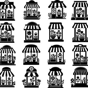May include: A collection of sixteen black and white illustrations of flower shop storefronts. Each shop features a striped awning, potted plants, and various floral arrangements. The designs vary in shape and detail, showcasing a variety of flowers.
