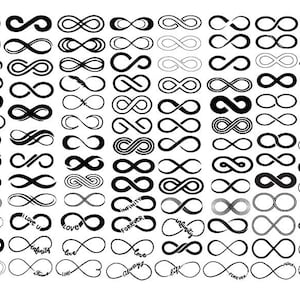 May include: A collection of 50 different infinity symbol designs in black and white. The symbols are stylized and include variations with dots, lines, and swirls. Some symbols include words like "love", "forever", and "infinity".