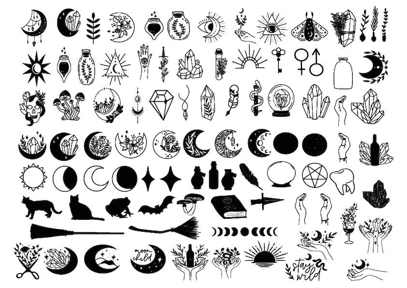 May include: A collection of 60 black and white illustrations of mystical and occult symbols, including moons, stars, crystals, hands, and other magical elements.