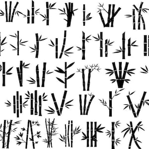 Puede incluir: Una colecci&oacute;n de ilustraciones en silueta en blanco y negro de plantas de bamb&uacute; en varios estilos y arreglos.