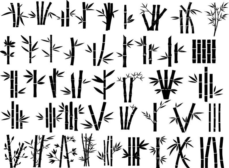 Puede incluir: Una colecci&oacute;n de ilustraciones en silueta en blanco y negro de plantas de bamb&uacute; en varios estilos y arreglos.