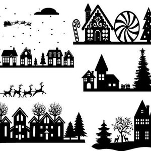 May include: Black and white silhouette illustration of a winter village with snow falling, Santa Claus in a sleigh pulled by reindeer, and a gingerbread house with a candy cane and a peppermint swirl.