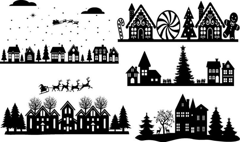 May include: Black and white silhouette illustration of a winter village with snow falling, Santa Claus in a sleigh pulled by reindeer, and a gingerbread house with a candy cane and a peppermint swirl.