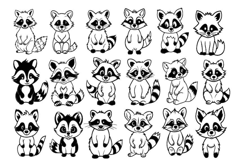 May include: A set of 16 black and white illustrations of raccoons in various poses. The raccoons are drawn in a cartoon style and have cute expressions.