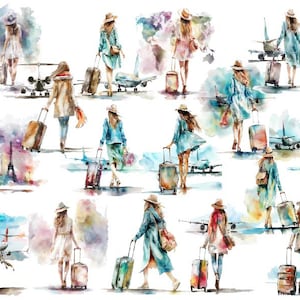 Watercolor Travel Clipart, Watercolor Summer Vacation, City Woman Clipart, Girl Travel Clipart, Watercolor Woman Png
