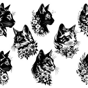 Floral chat Svg, Clipart, chat coupe fichiers pour Cricut, Svg visage de chat, chat avec fleur Svg, vecteur de chat