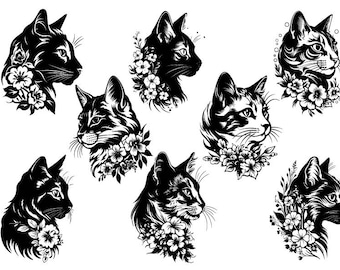 花柄猫 SVG、猫のクリップアート、Cricut 用猫カット ファイル、猫の顔 SVG、花柄猫 SVG、猫のベクター