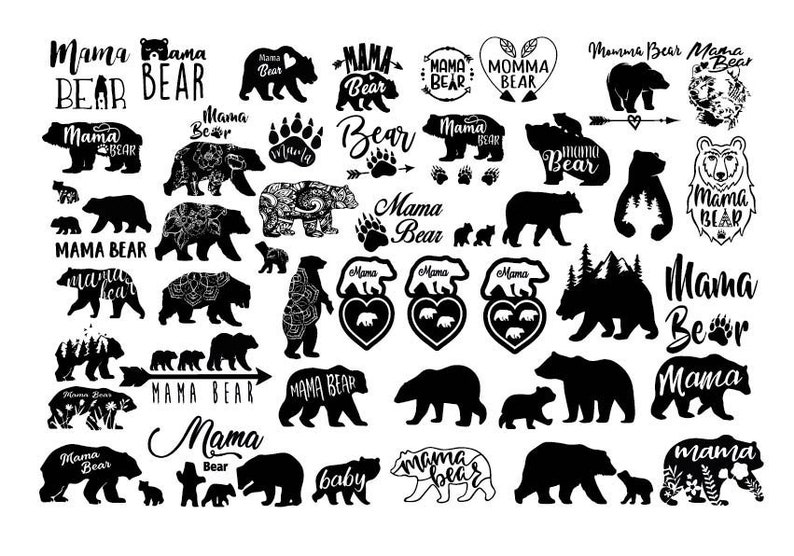 May include: A collection of black and white bear-themed illustrations with text such as "Mama Bear", "Mama", "Bear", and "Momma Bear".