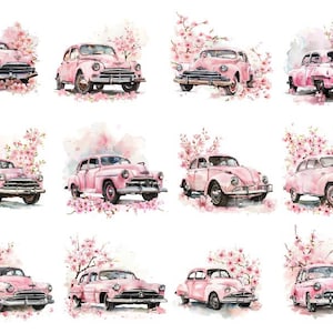 Acuarela lindos coches clipart, acuarela coches clásicos png, vintage floral coche clipart, rosa coche clipart
