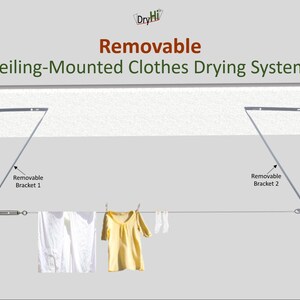 Könnte beinhalten: Ein an der Decke montiertes Wäschetrocknungssystem mit zwei abnehmbaren Halterungen und einer Wäscheleine. Das System ist für die Installation an einer Trockenbaudecke konzipiert. Der Text "Dry Hi" und "Abnehmbares Deckenmontiertes Wäschetrocknungssystem" ist auf dem Bild sichtbar.