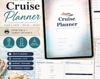 Cruise Planner Printable & Canva Editable | 53 Page Cruise Vacation Organizer | Packing List, Itinerary, Budget, Countdown, Journal PDF
