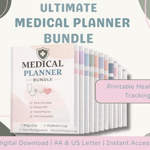 Pode incluir: Um pacote de planejador médico digital com uma pilha de documentos imprimíveis. A capa exibe o texto ULTIMATE MEDICAL PLANNER BUNDLE, um ícone de escudo, um estetoscópio e um coração para rastreamento de saúde e sintomas.