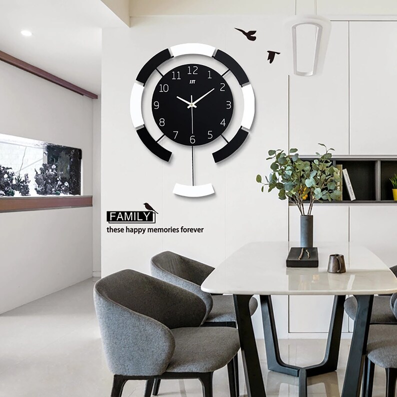 Black and White Pendulum Clock,Minimal Oversize Wall Clock,Personalized Number Silent Clock,Modern Art Decoration Clock,Iron Wall Clock