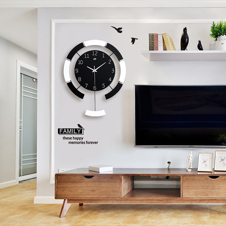 Black and White Pendulum Clock,Minimal Oversize Wall Clock,Personalized Number Silent Clock,Modern Art Decoration Clock,Iron Wall Clock