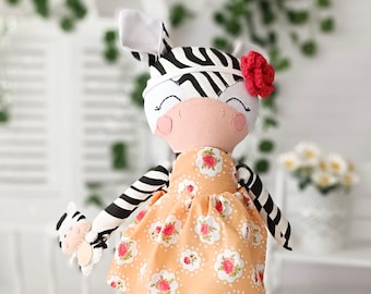 Handmade Zebra rag doll, baby's first soft toy, great birthday gift for imaginative play and fun