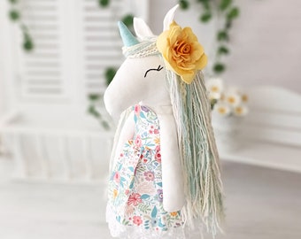 Cute unique handmade Unicorn Doll in lovely spring outfit, one of a kind magical friend gift for girls