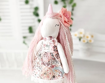 Lovely unique handmade Unicorn Doll in cute spring outfit, one of a kind magical friend gift for girls