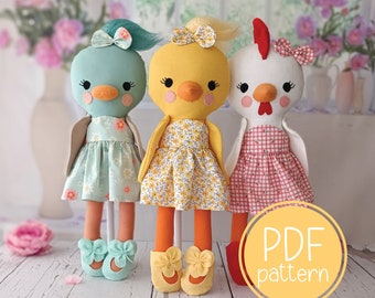 Chick, Hen and Duck doll  PDF sewing pattern and step by step instructions- beginner friendly