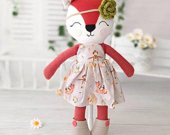 Handmade Fox Rag Doll: Misty Dress-Up Plushie, 17.7 inch