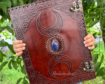 Leather Grimoire Binder: Triple Moon Embossed, 3-Ring, 9x11.5 Inch