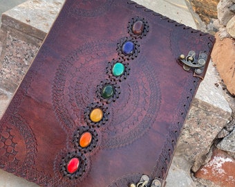 Handmade Leather Journal: Extra Large Chakra Stone Book of Shadows