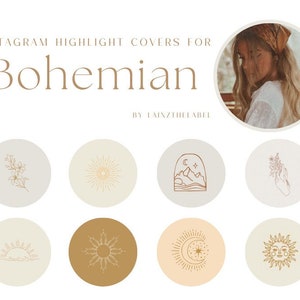 May include: Set of 8 Instagram highlight covers with a bohemian theme. The covers feature illustrations of flowers, suns, moons, stars, mountains, and hands. The covers are in a neutral color palette of beige, brown, and white.