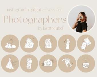 Könnte beinhalten: Ein Set mit 12 Instagram-Highlight-Covern für Fotografen, mit minimalistischen Strichzeichnungen von Paaren, Babys, Kameras und anderen fotografischen Symbolen. Die Cover sind in einem neutralen Beige mit weißen Umrissen.