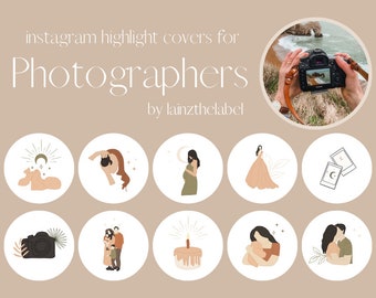 Könnte beinhalten: Set mit 10 Instagram-Highlight-Covern für Fotografen. Die Cover zeigen Illustrationen einer Kamera, eines Paares, eines Kuchens, einer Frau in einem Kleid, einer Frau, die ein Baby hält, einer Frau, die ein Foto macht, und eines Mondes und Sternen.