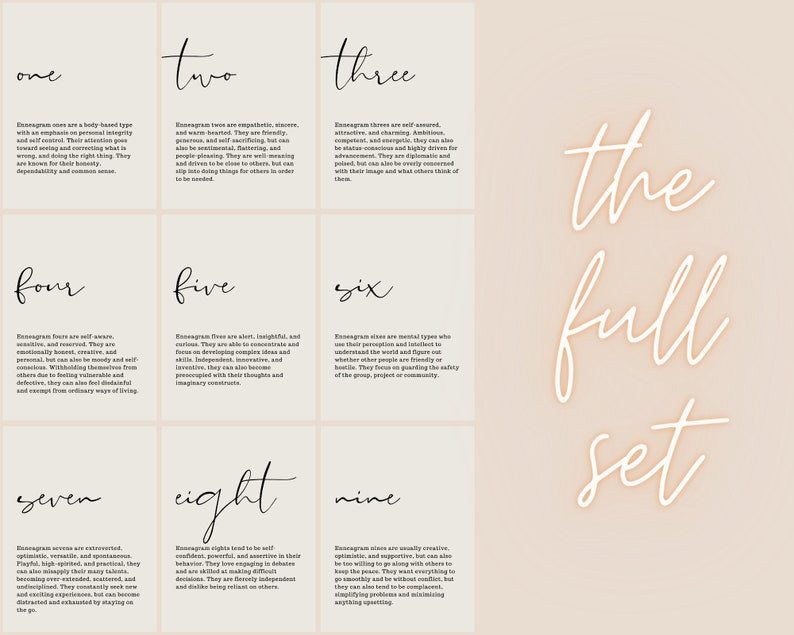 May include: Nine cards with white text on a light pink background. Each card has a number from one to nine and a description of the Enneagram personality type. The text "the full set" is written in white on a pink background.