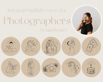 Könnte beinhalten: Zwölf Instagram-Highlight-Cover für Fotografen, mit minimalistischen Strichzeichnungen von Paaren, Familien, Kameras und anderen fotografischen Motiven. Die Cover sind in einem neutralen Beige mit schwarzen Umrissen gehalten.