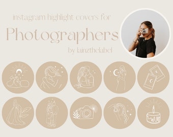 Könnte beinhalten: Ein Set mit 12 Instagram-Highlight-Covern für Fotografen, mit minimalistischen Strichzeichnungen von Paaren, Kameras und anderen fotografischen Motiven. Die Cover sind in einem neutralen Beige mit weißen Umrissen gehalten.