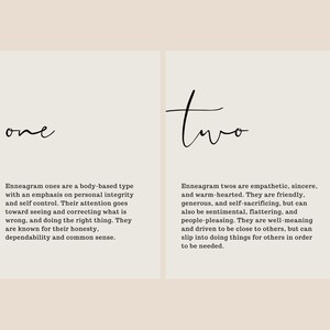 May include: A graphic with the numbers "one" and "two" in black text. The text describes the Enneagram personality types one and two. Type one is described as body-based with an emphasis on personal integrity and self-control. Type two is described as empathetic, sincere, and warm-hearted.