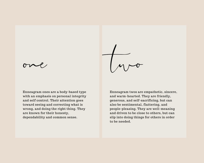 May include: A graphic with the numbers "one" and "two" in black text. The text describes the Enneagram personality types one and two. Type one is described as body-based with an emphasis on personal integrity and self-control. Type two is described as empathetic, sincere, and warm-hearted.