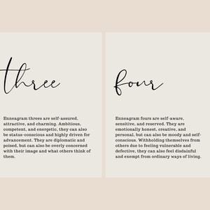 May include: A black and white image with the numbers "three" and "four" written in cursive. The text below each number describes the personality traits of Enneagram type three and four.