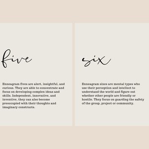 May include: A beige background with two white squares. Each square contains a black handwritten number and a description of the Enneagram personality type. The first square contains the number "five" and a description of the Enneagram five personality type. The second square contains the number "six" and a description of the Enneagram six personality type.
