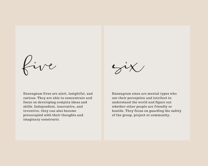 May include: A beige background with two white squares. Each square contains a black handwritten number and a description of the Enneagram personality type. The first square contains the number "five" and a description of the Enneagram five personality type. The second square contains the number "six" and a description of the Enneagram six personality type.