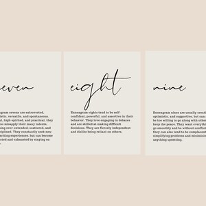 May include: Three beige cards with black text describing the Enneagram personality types seven, eight, and nine. The text describes the personality traits of each type.