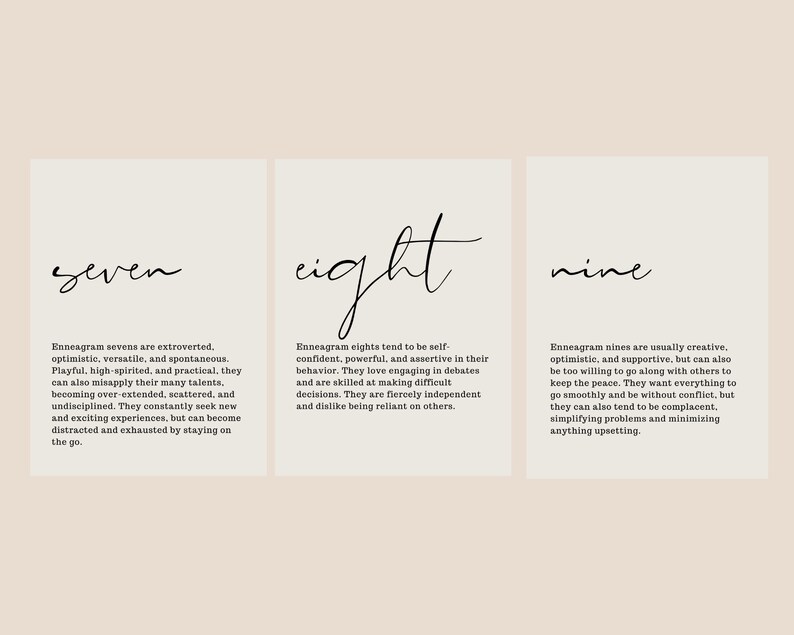 May include: Three beige cards with black text describing the Enneagram personality types seven, eight, and nine. The text describes the personality traits of each type.