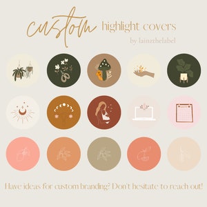 May include: Set of 18 illustrated highlight covers for social media. The covers feature a variety of designs, including plants, moons, a laptop, a calendar, and a hand with a glowing orb. The covers are in a muted color palette of browns, greens, and pinks.