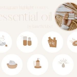 Op de afbeelding: Set van negen Instagram-highlightcovers met illustraties van essentiële olieflessen, een diffuser, een badbom en andere gerelateerde items. De covers zijn in een minimalistische stijl met een neutrale kleurenpalet.