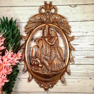 Radha Krishna Idol Wall Hanging Art | Radhe Krishna Playing Flute WIth Cow Wall Statue - 18 Inch - for Home, Wall Decor & Gifts