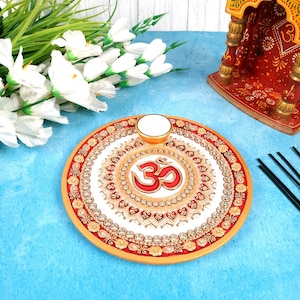 Marble Pooja Plate With Diya | Aarti Thali - Om Heavy Design - For Pooja, Weddings & Festivals - 9 Inch image 1