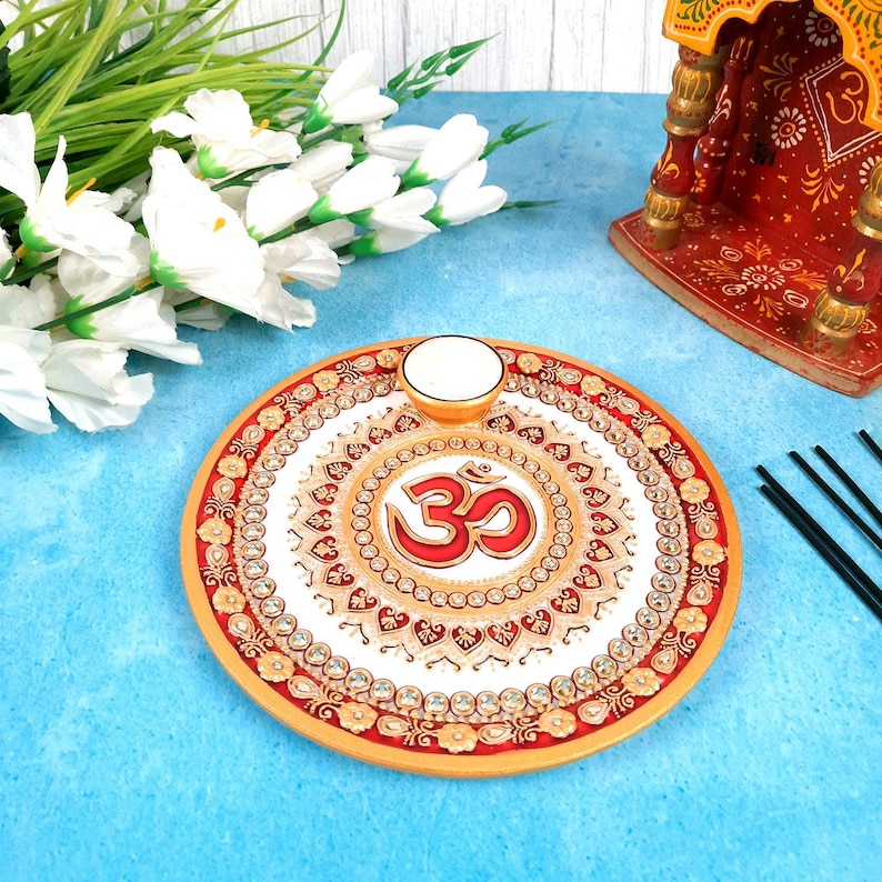 Marble Pooja Plate With Diya | Aarti Thali - Om Heavy Design - For Pooja, Weddings & Festivals - 9 Inch image 1