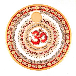 Marble Pooja Plate With Diya | Aarti Thali - Om Heavy Design - For Pooja, Weddings & Festivals - 9 Inch image 4
