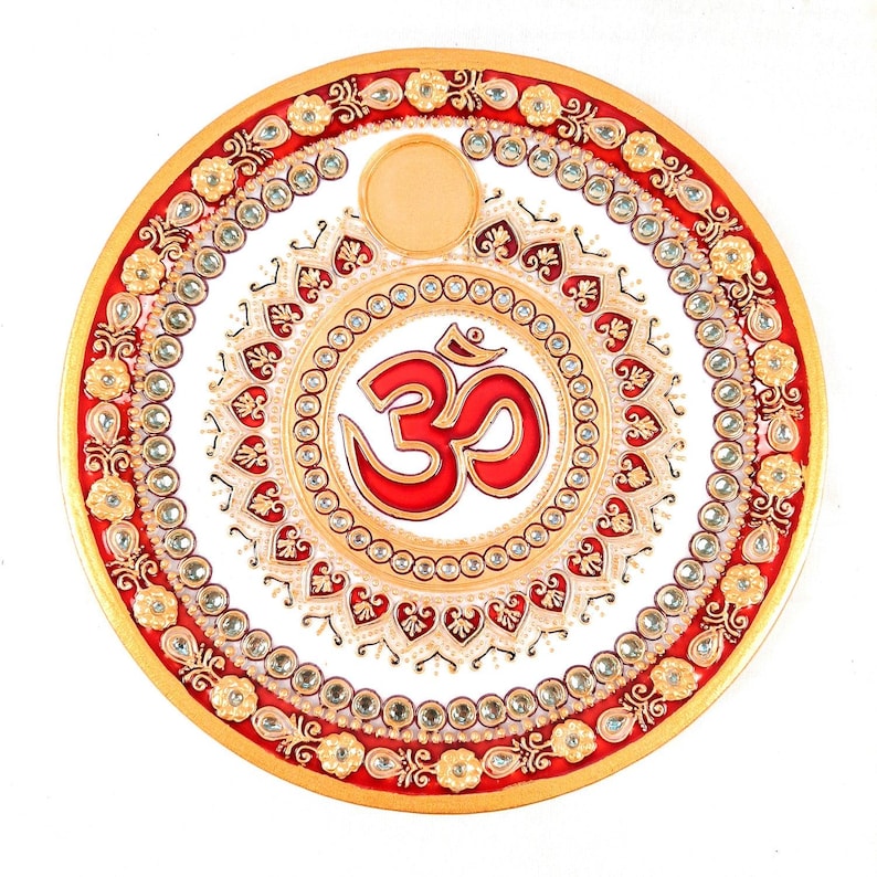 Marble Pooja Plate With Diya | Aarti Thali - Om Heavy Design - For Pooja, Weddings & Festivals - 9 Inch image 4